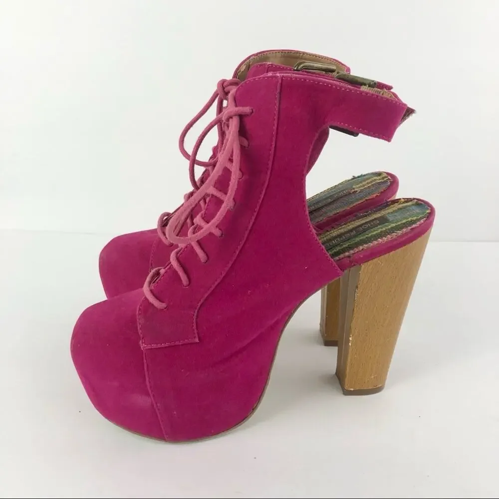 Vintage Shoe Republic LA Y2K Magenta Pink Velvety Platform Wooden Heels
